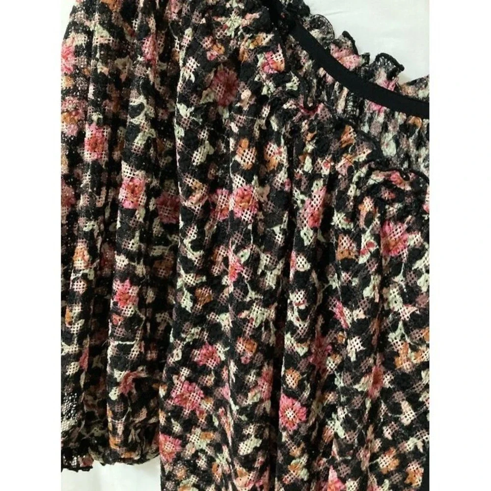Free People Floral Mesh Blouse Womens Size Medium Black Pink Boho Core 90s Magic